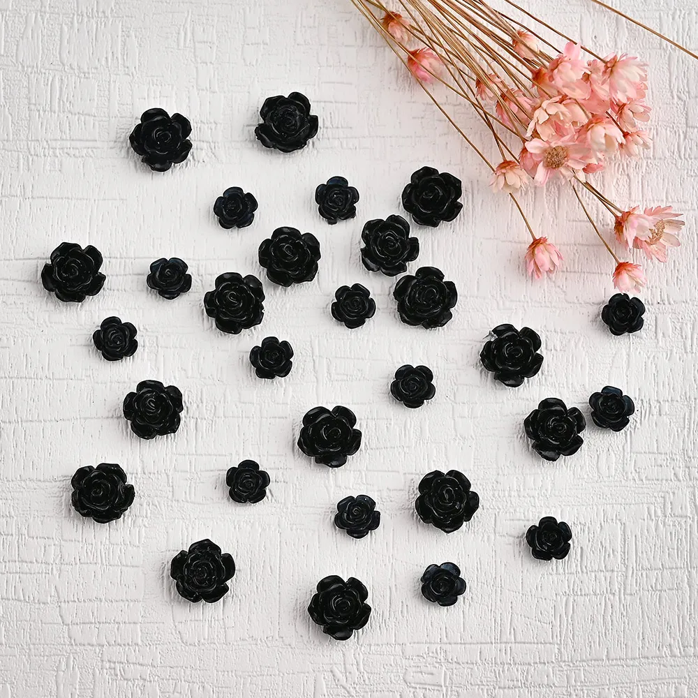 100Pcs Black 3D Camellia Flower Nail Charms Nail Art Decoration Flatback Rose Flower Nail Rhinestone Gems Manicure Nail Jewelry