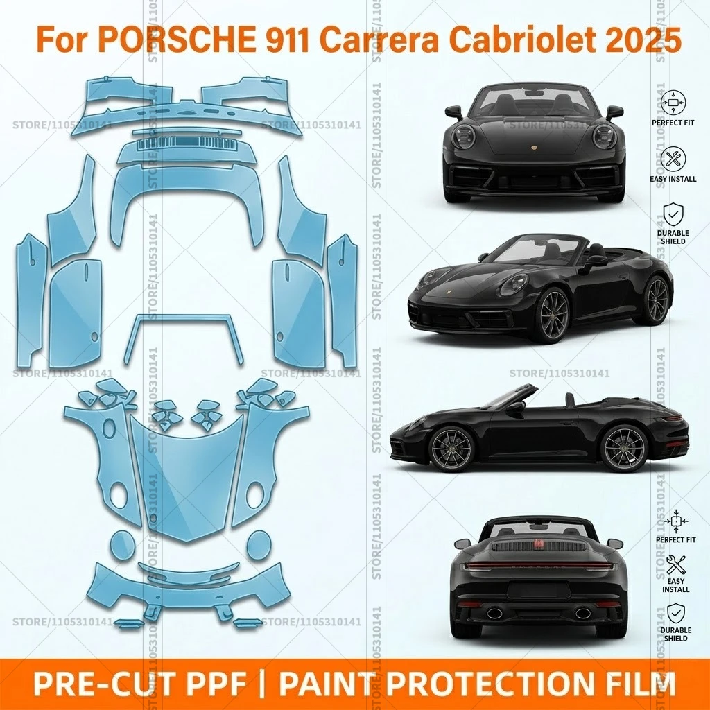 

Предварительно нарезанная прозрачная защитная пленка PPF для бампера автомобиля, прозрачная автомобильная пленка для Porsche 911 Carrera Cabriolet 2025