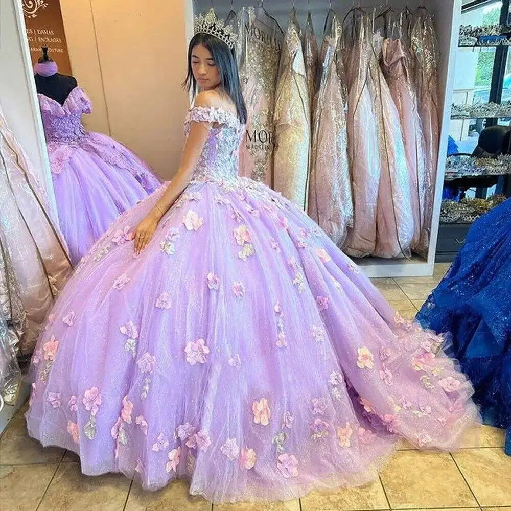 Angelsbridep Glitter Lila Baljurken Quinceanera Jurken Off Shoulder 3d Appliques Bloemen Sweet 15 16 Verjaardag Optocht Jurken