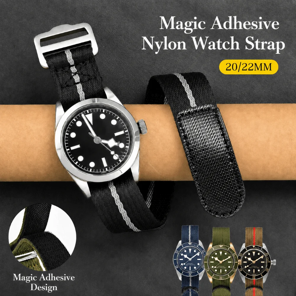 20mm 22mm Universal Nylon Watch Strap Quick Slip Through Hook Loop Fastener Hook Loop Watch Band Waterproof Adjustable