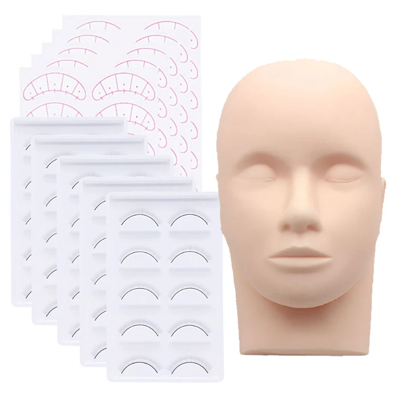 CNK Mannequin Head for Eyelash Extension With Practice Eyelashes Silicone Mannequin Head Eye Pads Lash Extension Supplies Kits