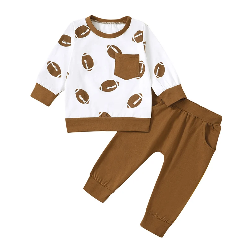 

Fall Baby Boys Pants Set Infant Winter Clothes Rugby Print Long Sleeve Sweatshirt Elastic Sweatpants