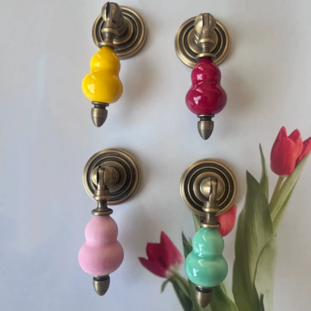 Creative Luxury Pure Copper Colored Gourd Ceramics Drawer Dresser Cupboard Wardrobe Shoe Cabinet Pendant Knob Bronze Blue Red