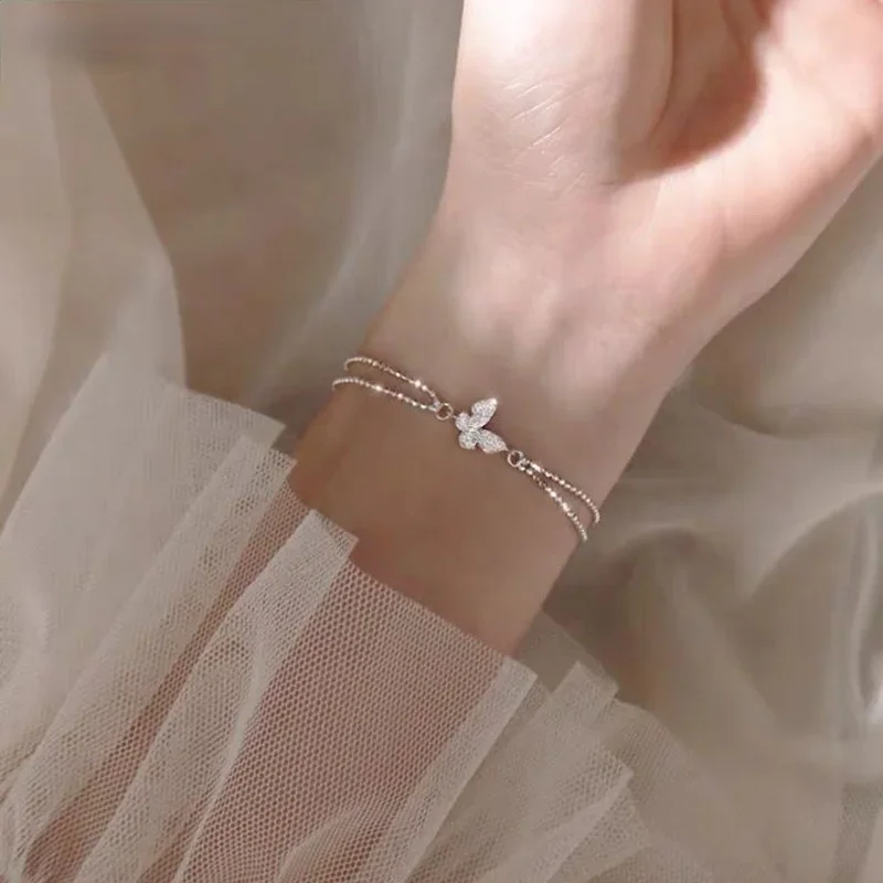 Sweet Shining Zircon Butterfly Bracelet For Women Anti-allergic Silver Color Chain Bracelet With S925 Stamp Gift S-B401