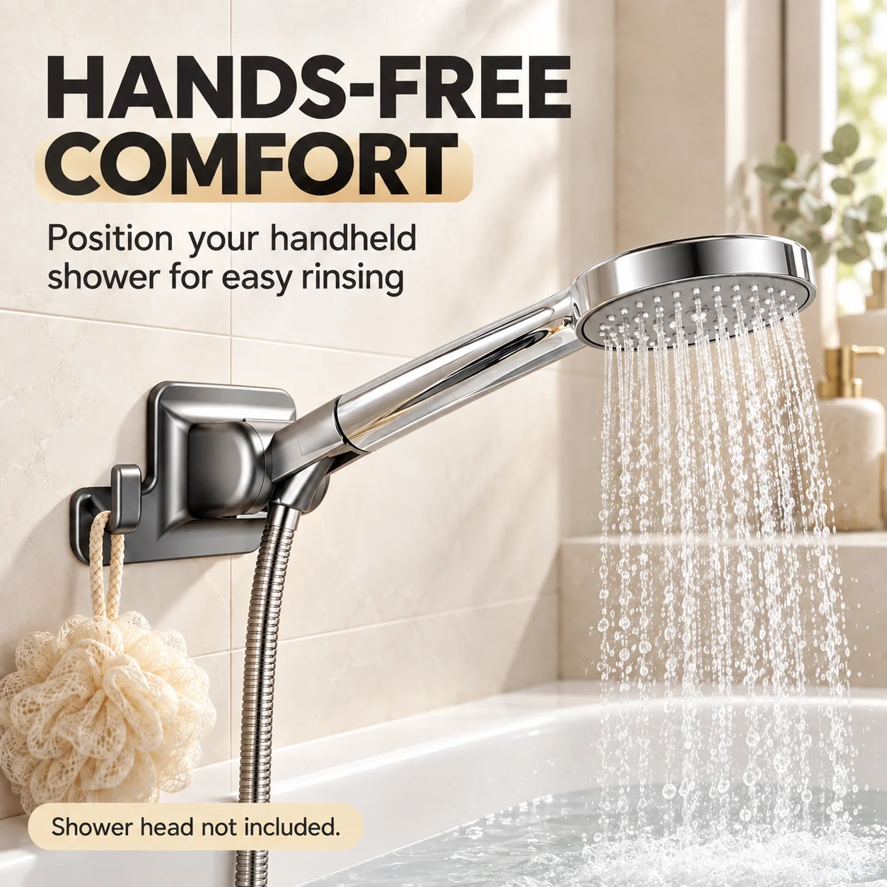 90 Degree Adjustable Shower Head Holder with Hook, No Drill Adhesive Wall Mount Bracket for Handheld Shower, Bathroom Accessory