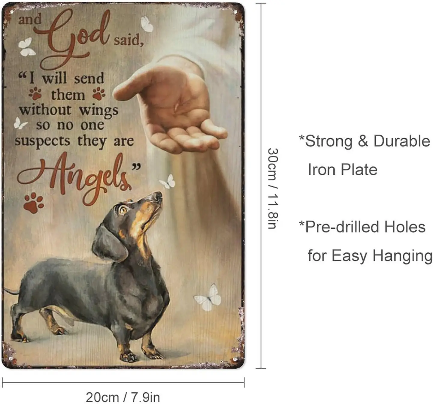 Compladeta Metal Tin Sign Vintage God Hand, Dachshund Dog, Pawprints, They Are Angels - God Portrait Prints, Christian Wall Art