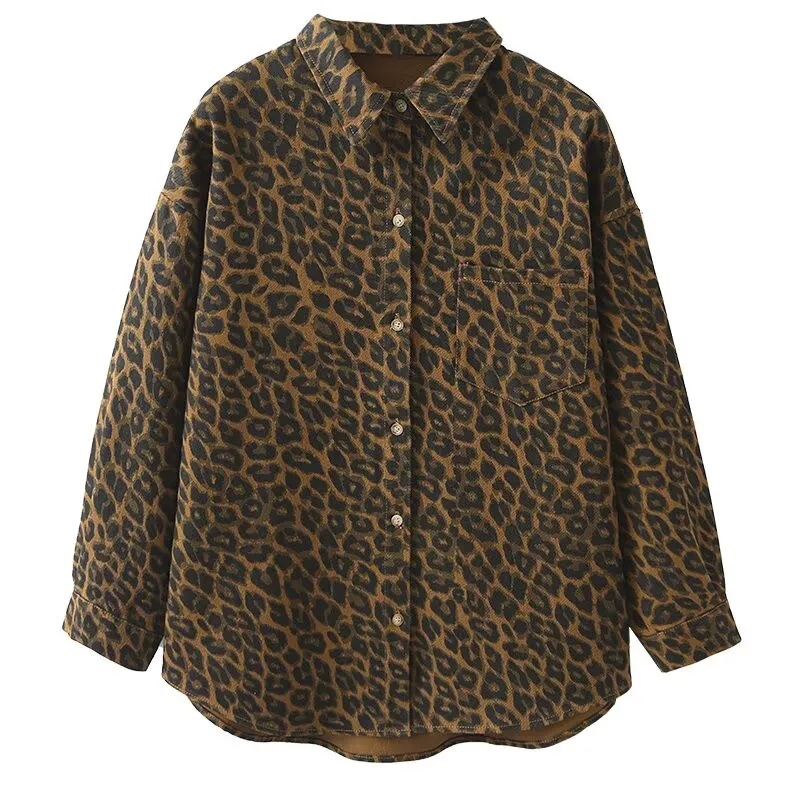

Plus Size Women's Leopard Print Jacket Lapel Extra-Large Size Spring And Autumn Denim Jacket Dark Brown Long-Sleeved Denim Shirt