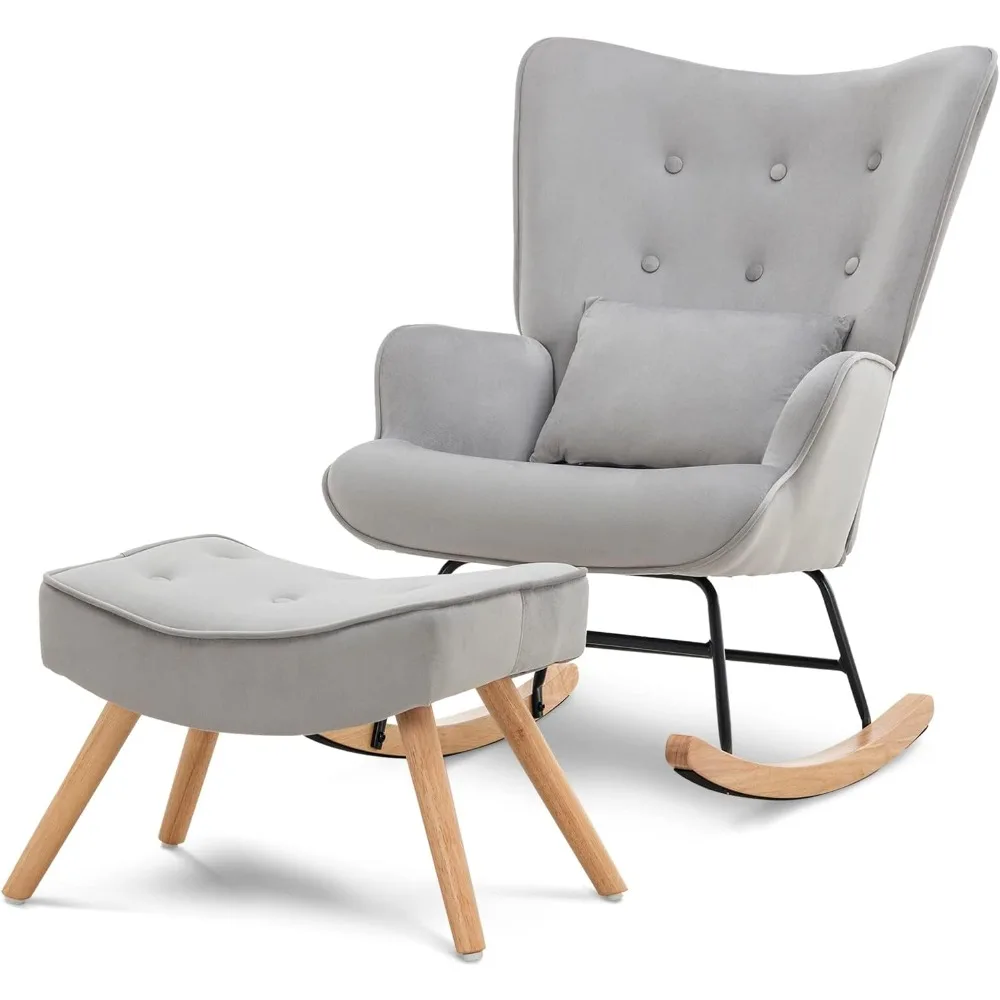 

Modern Velvet Rocking Chair, Glider Chair with Ottoman Cushion, Nursery Mid Century Upholstered Tufted Chair Rocking Armchair R