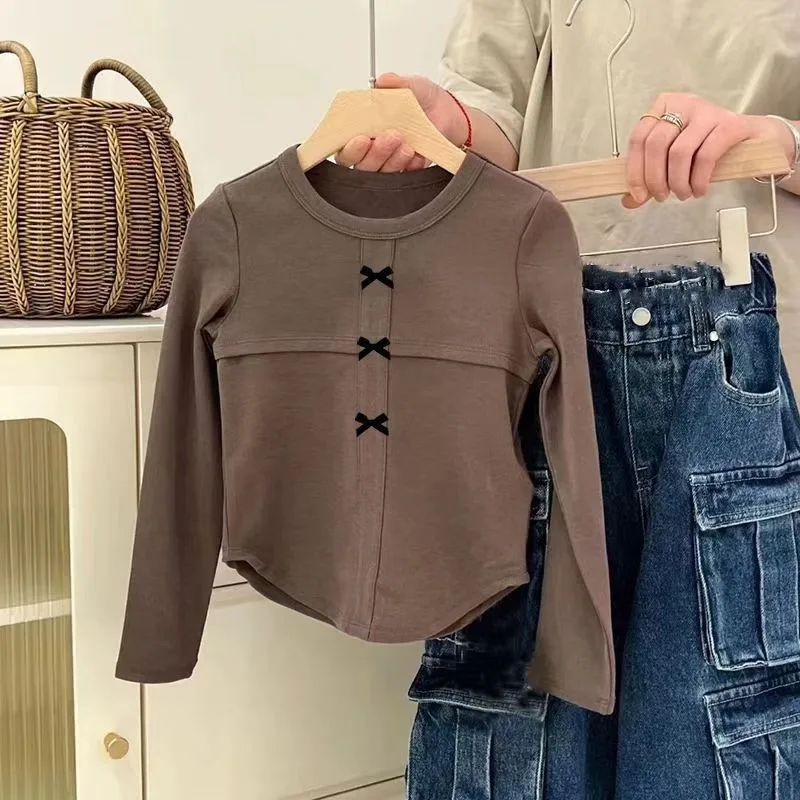 New Girls Bow Short T Shirt Spring Autumn Long Sleeve Simple Top Basic Tee