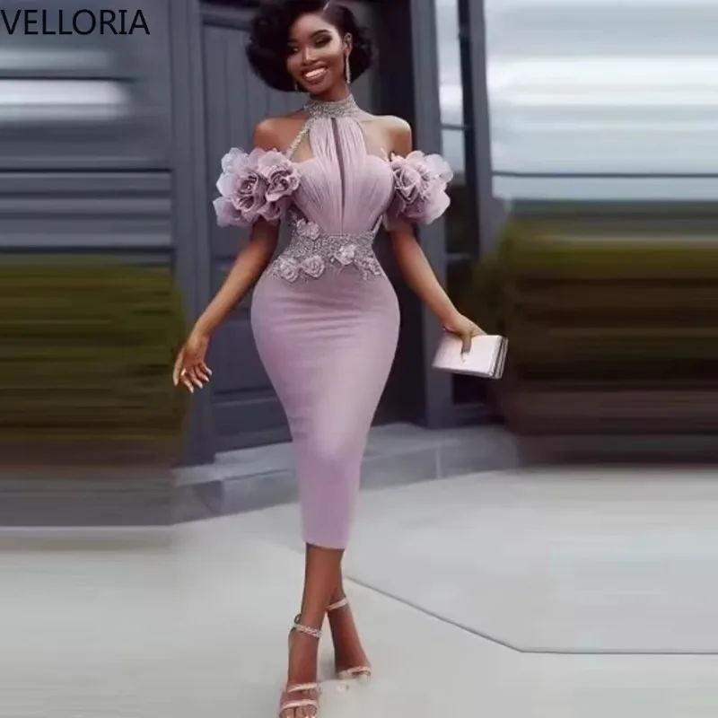 Sexy Neckholder-Abendkleid im Bodycon-Stil für Afrikanische Frauen mit Perlenbesetzter Rosenblüte und Puffärmeln, Elegantes Party-Cocktailkleid, Maßanfertigung