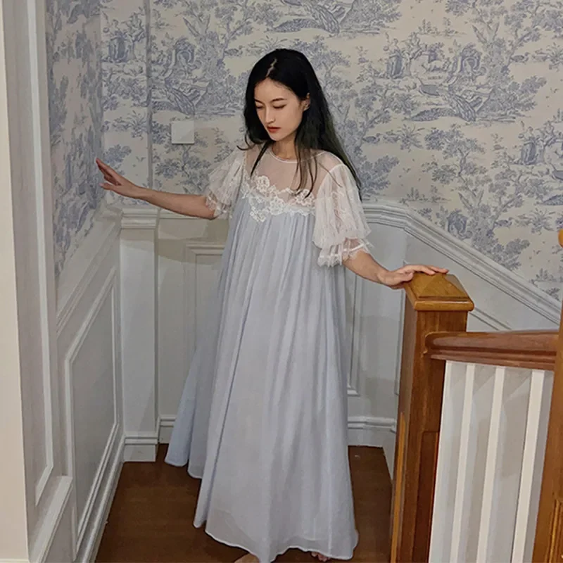 

French Style Princess Vintage Lace Nightdress Women Loose Short Sleeves Cotton Nightgown Gauze Round Neck Ankle-Length Nightie