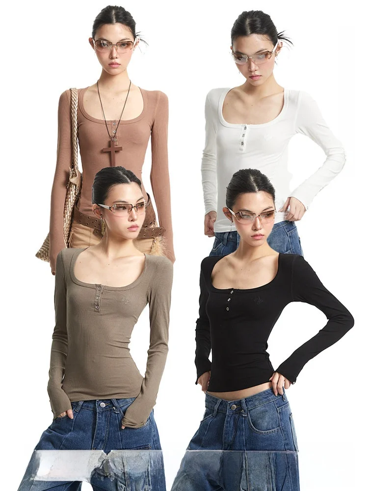 

UNCMHISEX Comfortable High Elastic Long Sleeve U-Neck Half Open Shoulder Women's Slim Fit Base Shirt Top Casual Style Pure Color
