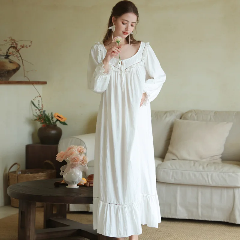 French Style Loose Nightdress Spring Autumn Cotton Full Sleeves Sleepdress Princess White Ankle-Length Nightgowns Long Nightie
