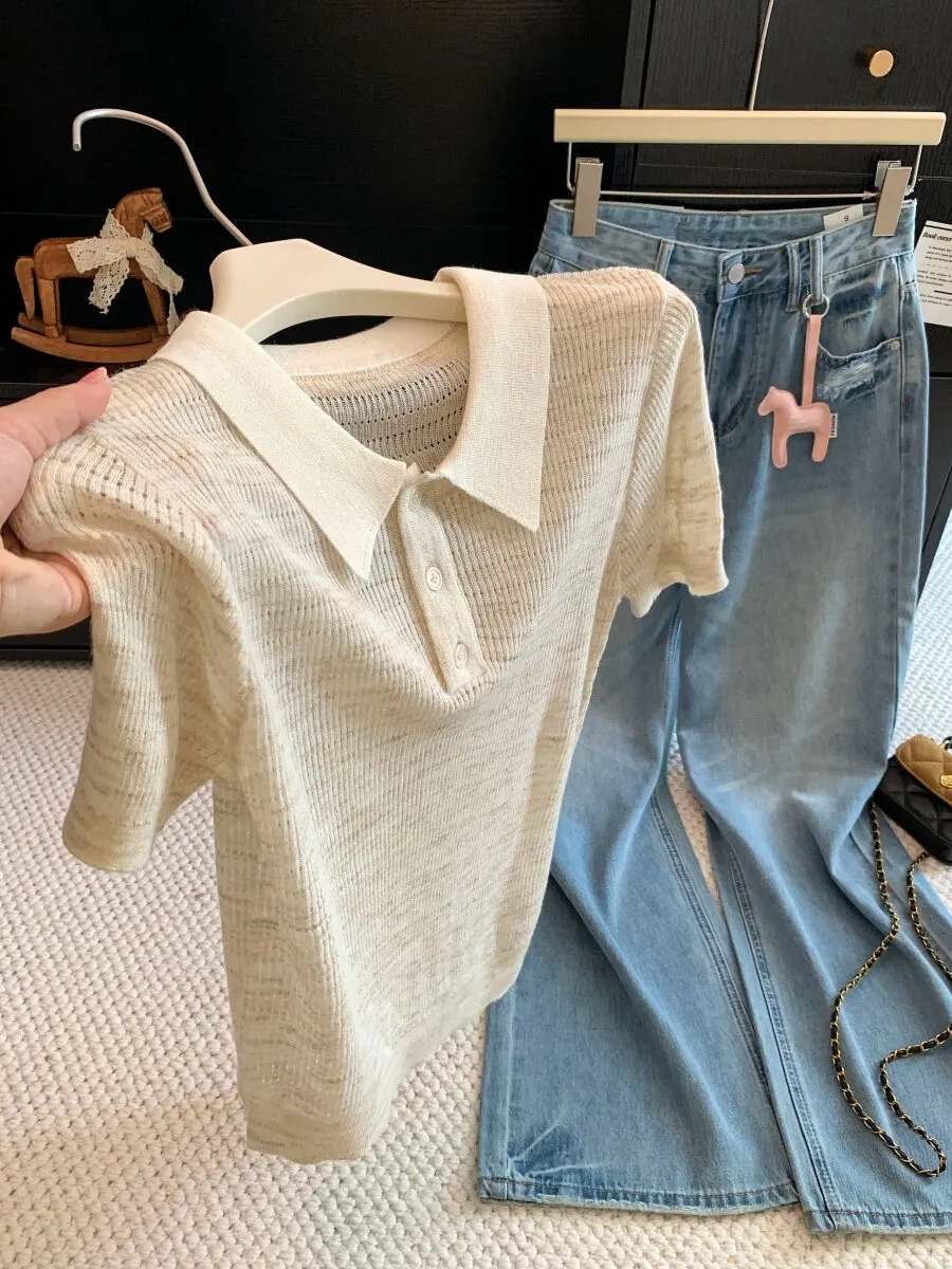 Chic Ice Silk  Neck Short Sleeve T-Shirt for Women Summer Slimming Knitted Top Commute Style Standard Fit  Color