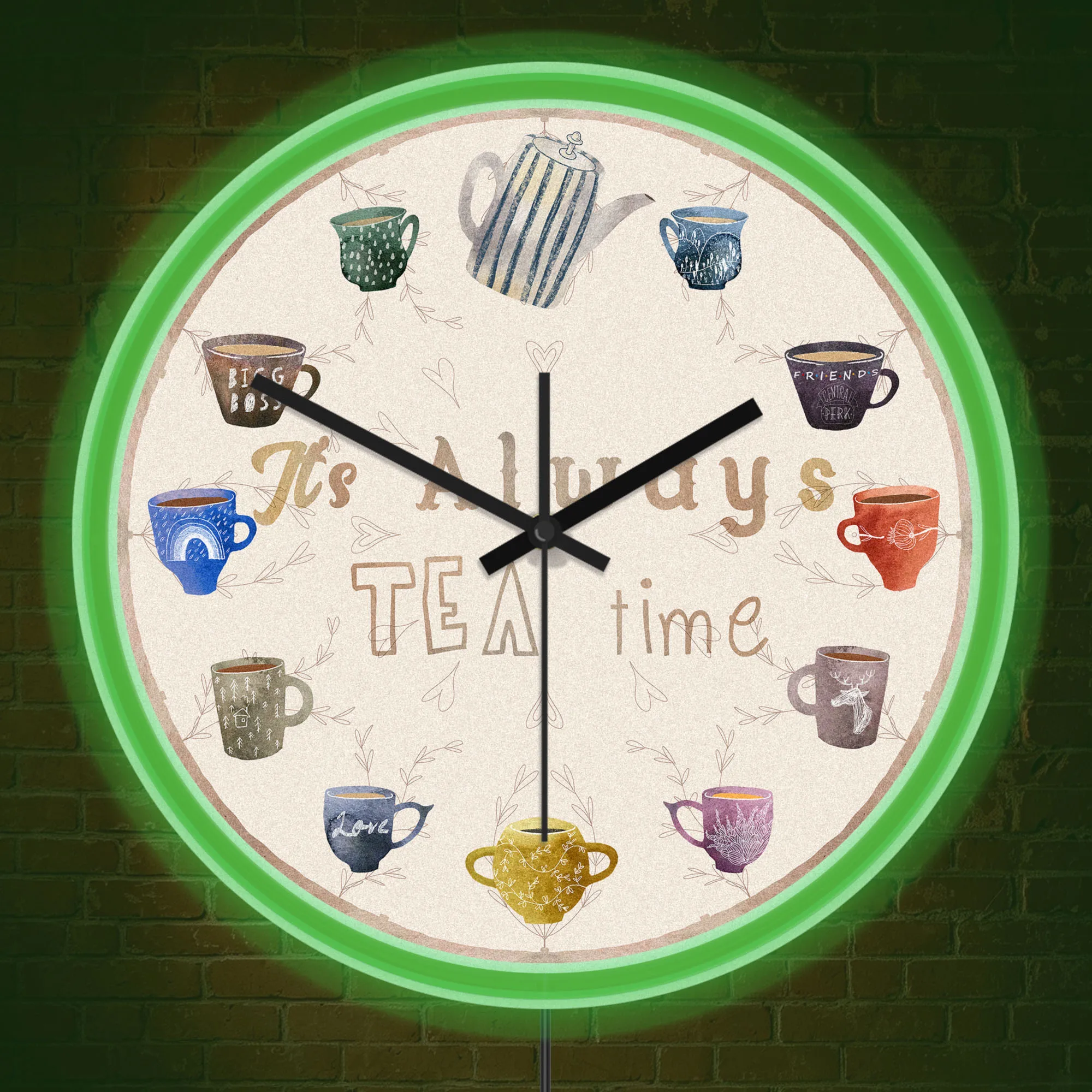 It's Always Tea Time Watercolor Teacup Illuminated Wall Clock with Neon Rim LED Night Light Wall Clock Glow in Dark for Tea Room