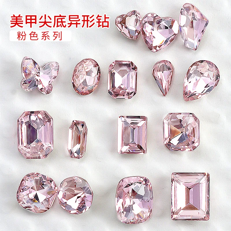 New Arrival 10pcs/Bag Elegant Pointed Bottom Shaped Crystal Fairy Pink Series Ice Transparent Sparkling Nail Charms Decorations