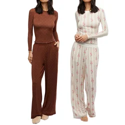 Combhasaki Women's Y2K Retro Vintage 2Pcs Pajamas Set Outfits Mini Dot/Floral Print Long Sleeve Tops +Long Pants Loungewear Suit