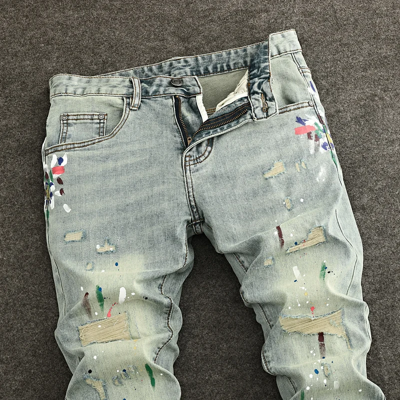 Y2K Fashion NewY2K Jeans Scratch Painted Wash Water Nostalgic Retro Light Grey Blue Men's Jeans High Quality Pants Hombre