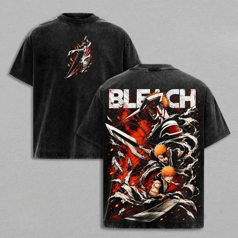 Manga BLEACH Kurosaki Ichigo T Shirt Vintage Washed T-shirt Men Women Clothing Casual Oversized High Quality Cotton Tees Clothes