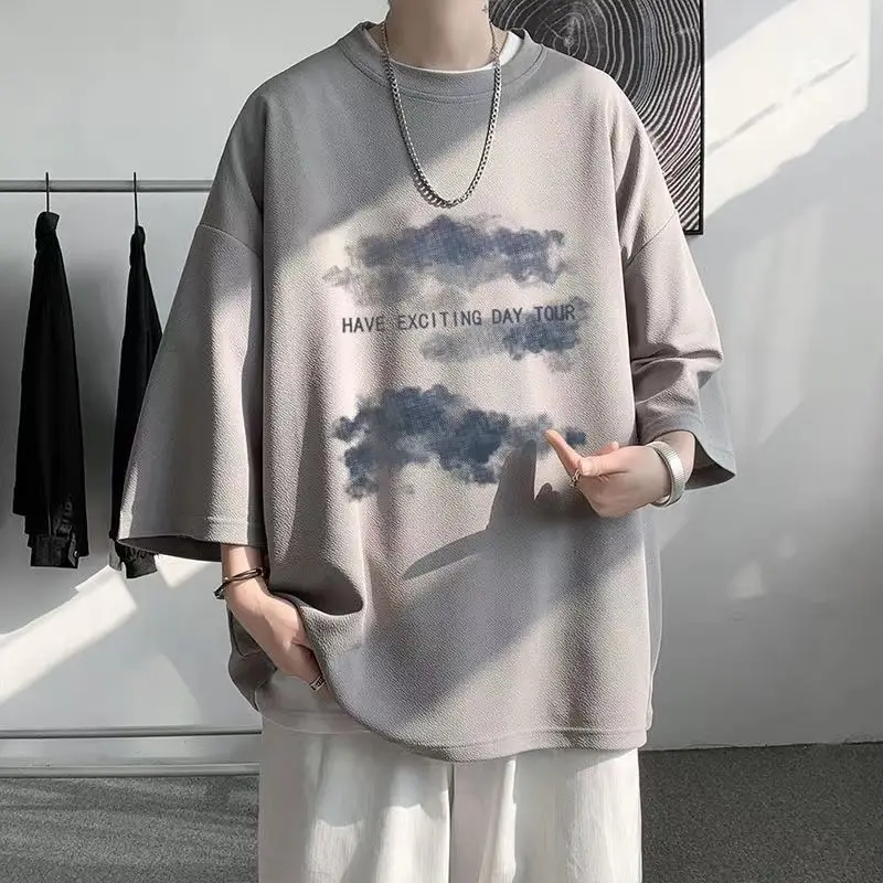 2023 Summer Y2K High Street 3/4 Sleeve T-Shirts Man Round Neck Printing Oversize Tops New Loose Personality Hip Hop Streetwear