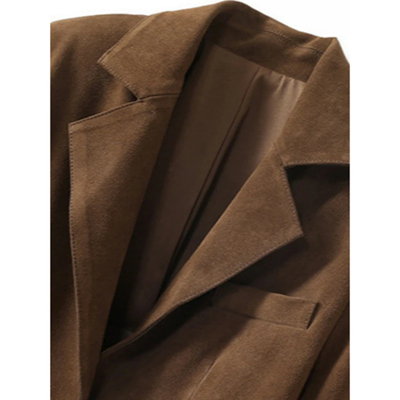 Retro Płaszcz ze Skóry Zamszowej w Kolorze Kawy z Motywem Krowy, Jesienno-Zimowy, Damski, Normalny Krój na Ramionach, Dwa Guziki, Wąski Krój, Rękawy w Paski, Skórzana Marynarka, Chaqueta Mujer