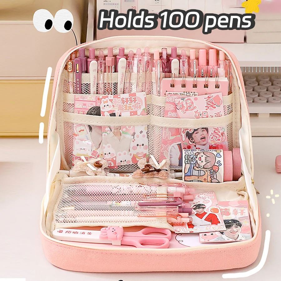 Large Capacity Pencil Bag Aesthetic School Girls Pink Canvas  Pencil Box Stationery Pen Case Zipper Pencil Pouch School Supplies