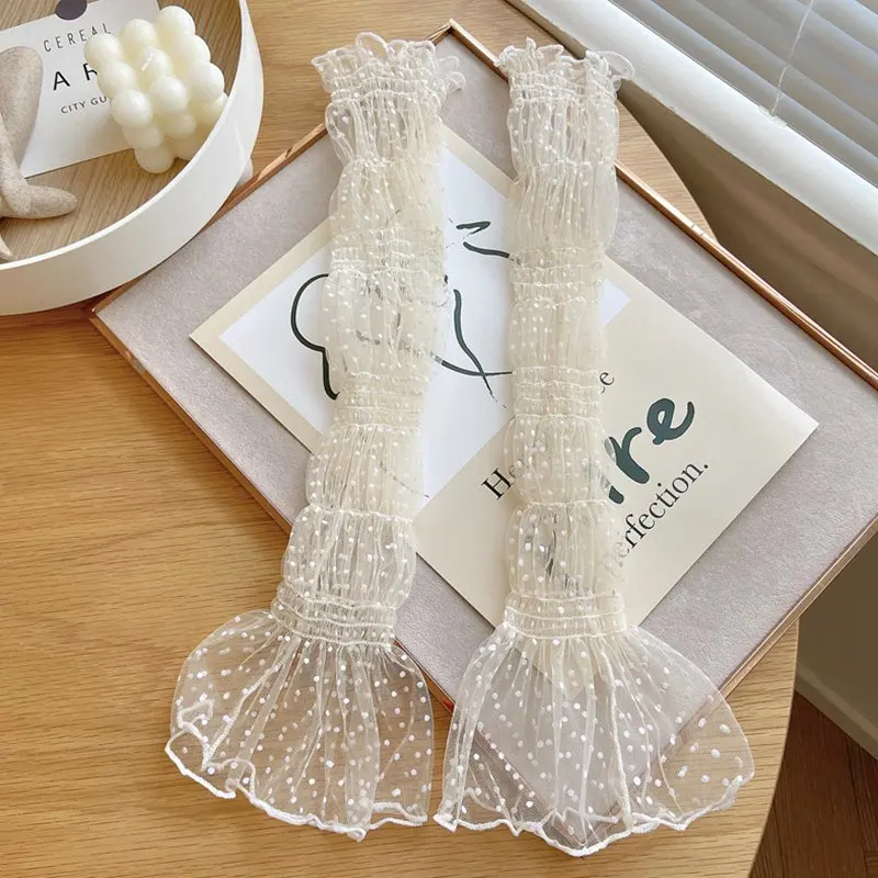 Summer Sexy Beige Lace Sunscreen Sleeves for Women Polka Dot Thin Breathable Mesh Fingerless Gloves Driving Arm Sleeves