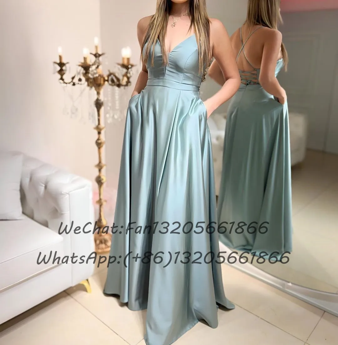 Long A Line Pockets Bridesmaid Dresses Criss-cross Backless Sheer V-neck Slit Wedding Party Dress Spaghetti Straps Prom Gown