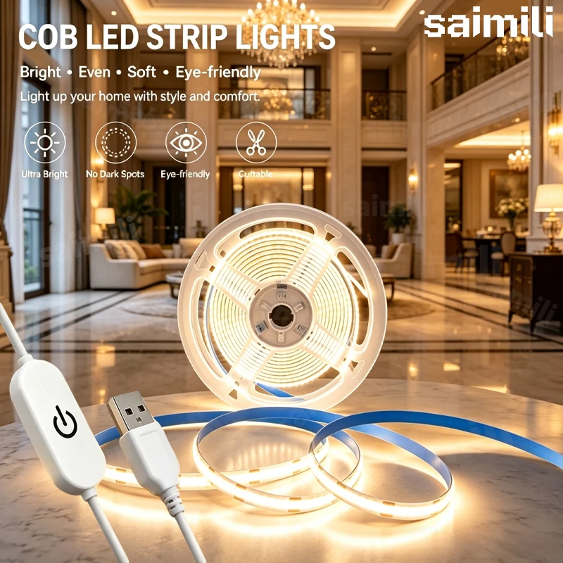 USB COB LED Light Strip Touch Dimmable High Density Dotless Linear Ribbon Self Adhesive Lamp Home TV Background Decor Lighting
