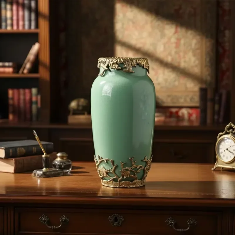 Handcrafted Green Glazed Ceramic Flower Vase Antique Brass Base Porcelain Centerpiece Ornament Jars for Hotel Villa