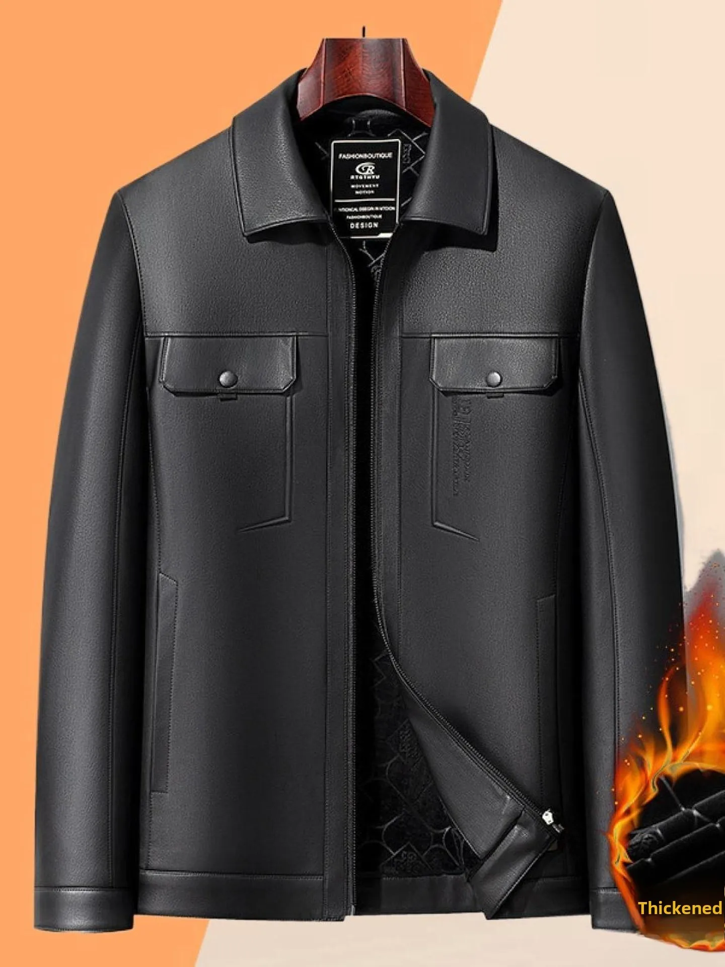 

Мужская повседневная модная утепленная кожаная куртка на флисовой подкладке, теплая верхняя одежда, приталенный крой, длинный рукав, на молнии