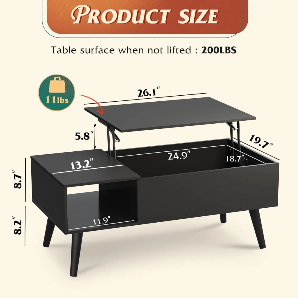 Mesa de centro de armazenamento ascendente para sala de estar - pequena mesa de centro de jantar de madeira com tampo elevatório e espaço de armazenamento