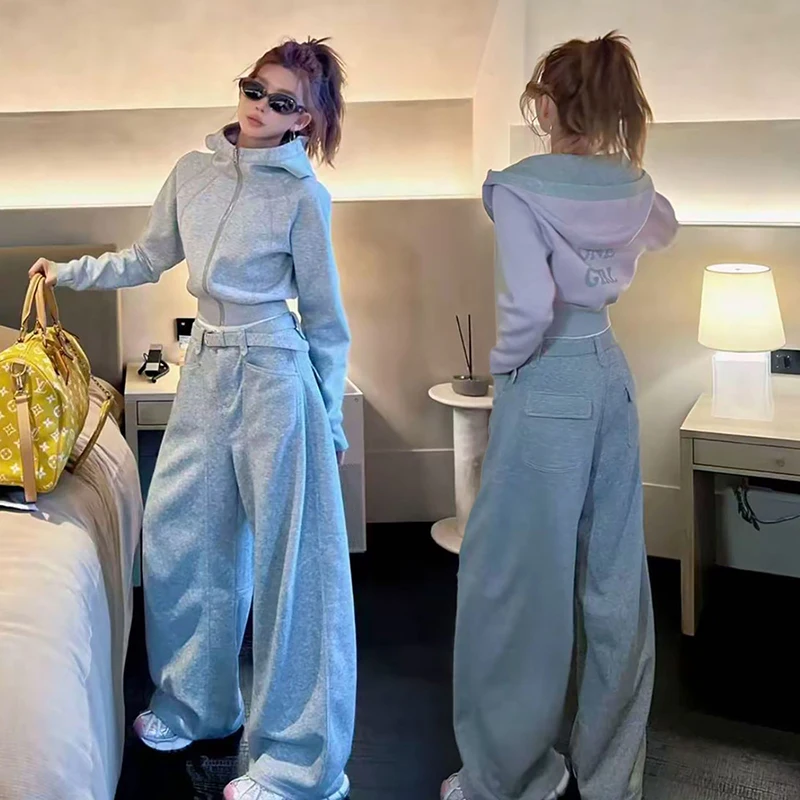 

Осенний новый модный повседневный универсальный комплект спортивной одежды для женщин, тонкая куртка с капюшоном + брюки с изогнутыми ножками, комплект из двух предметов