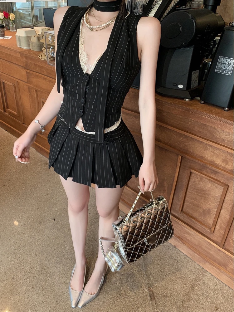 2024 Summer New Two Piece Set Streetwear V-neck Lace Patchwork Striped Casual Camisole Women + High Waist Pleated A-line Skirt