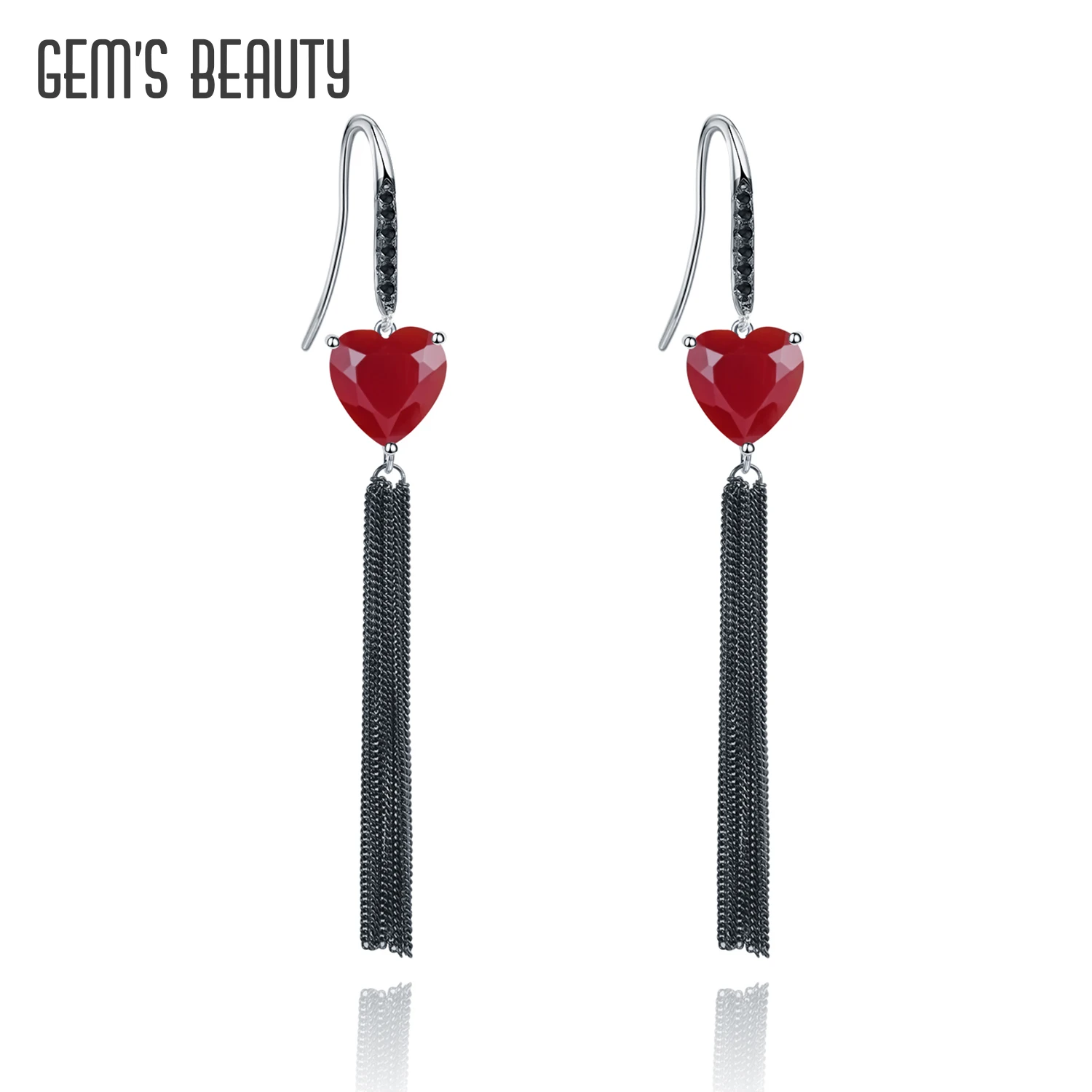 GEM'S BEAUTY Original Design Heart Earrings with Tassels 925 Sterling Silver Natural Red Agate Drop Earrings Love Token Jewelry