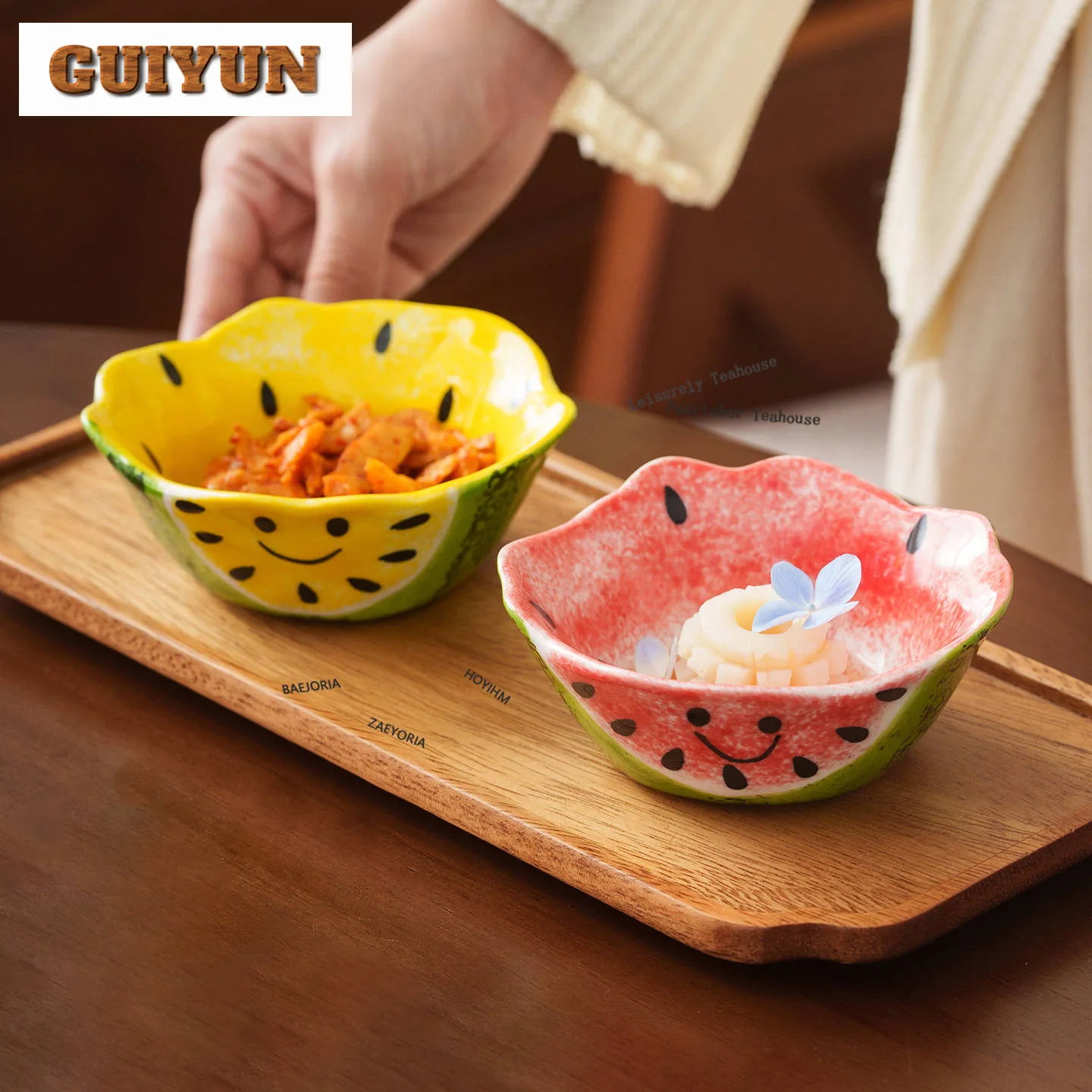 HOYIHM Hand-painted Smiling Watermelon Bowl Rice Bowls Cake Display Stand Salad Basin Fish Noodle Steak Bowls Cuisine Tableware