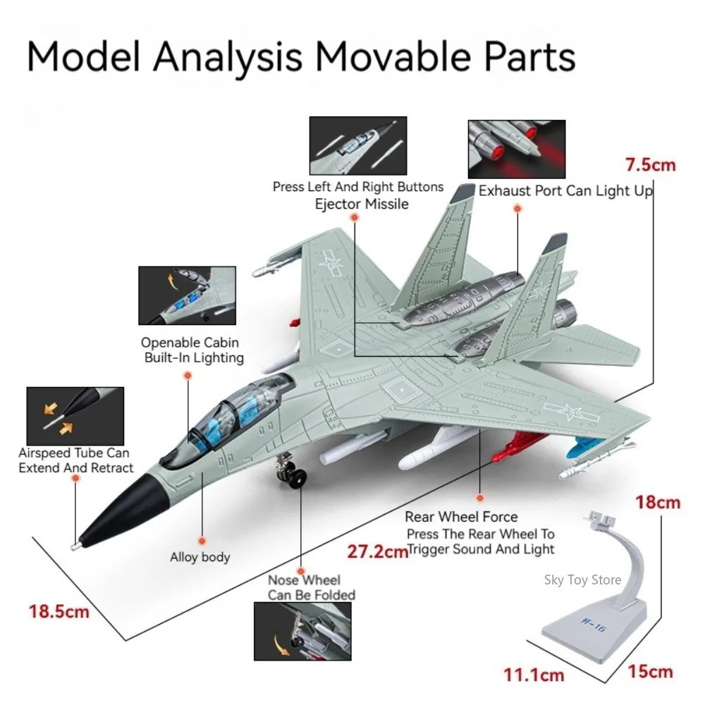 1:81 J-16 Multifunção Fighter aleación Diecast modelo coche de juguete sonido luz tirar hacia atrás cuerpo de Metal miniatura avión militar regalo para niños