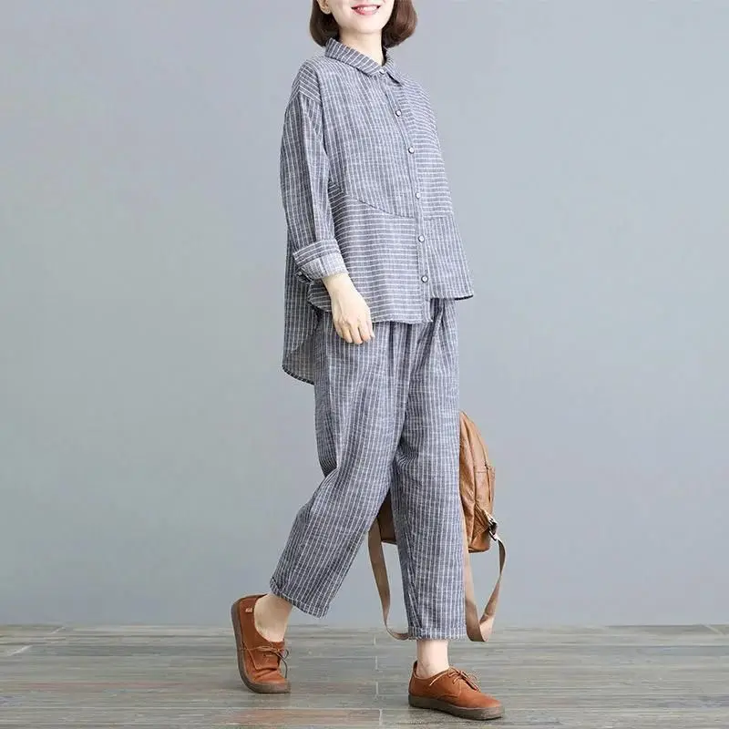 Spring Autumn Sets Women Retro Literature Large Size Thin Cardigan Casual Loose Trousers Two-piece Suit Stripes Fashion Suits