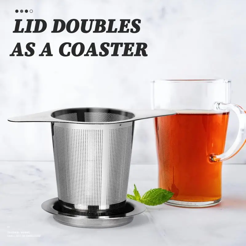 Infusor de Té de Malla Fina de Acero Inoxidable con Doble Asa y Tapa Antiderrames, Colador Colgante para Tazas, Filtro de Té para Hogar y Oficina