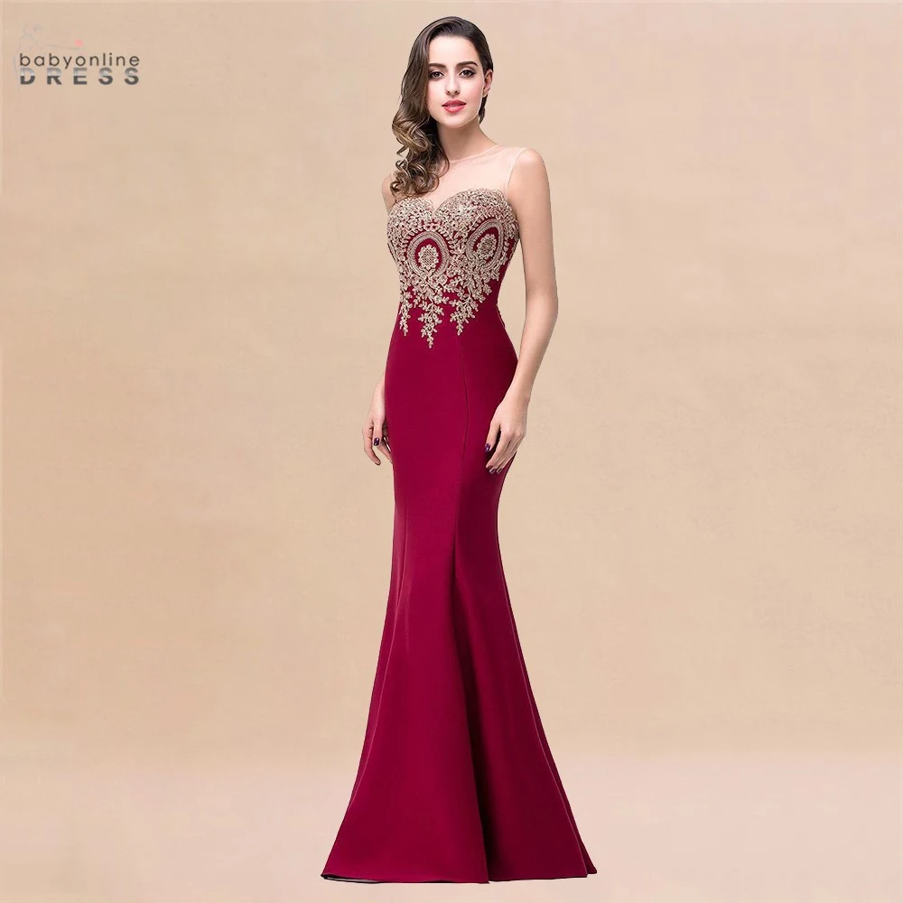 BABYONLINE Elegant Mermaid Evening Dress Women Sweetheart Illusion Golden Appliques Lace Wedding Party Prom Gown Robe de Soiree