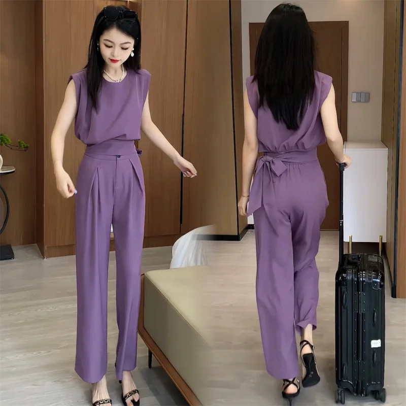 Fashion Drooping Wide-Leg Pants Suit Women\'s Summer New Western Temperament Slimming Fashionable Anti-Aging Casual Two-Piece Set