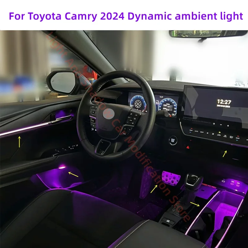 

64-цветное светодиодное окружающее освещение, подходящее для Toyota Camry 2024, внутреннее освещение с динамической атмосферой, направляющие полосы для дверных инструментов