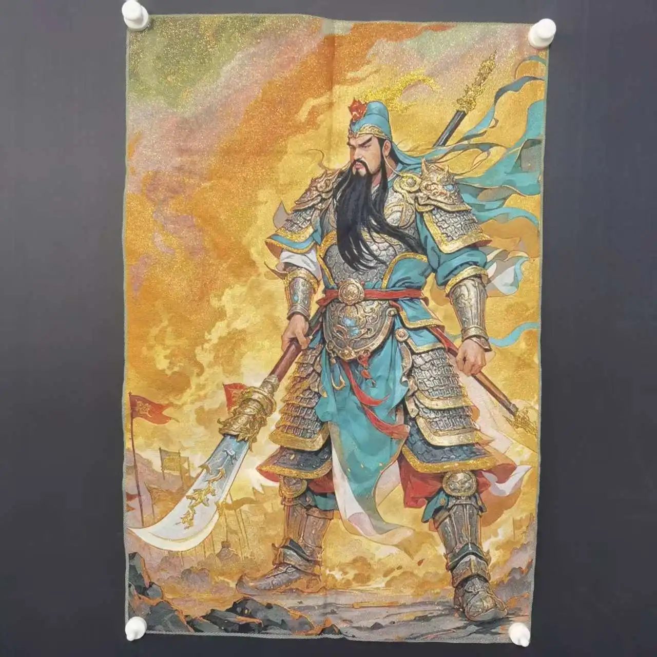 

35"Thangka Embroidery Tibetan Buddhism silk Embroidery Guan Yu immortals Guandi - sword Wu Caishen Buddha Thangka Worship Hall