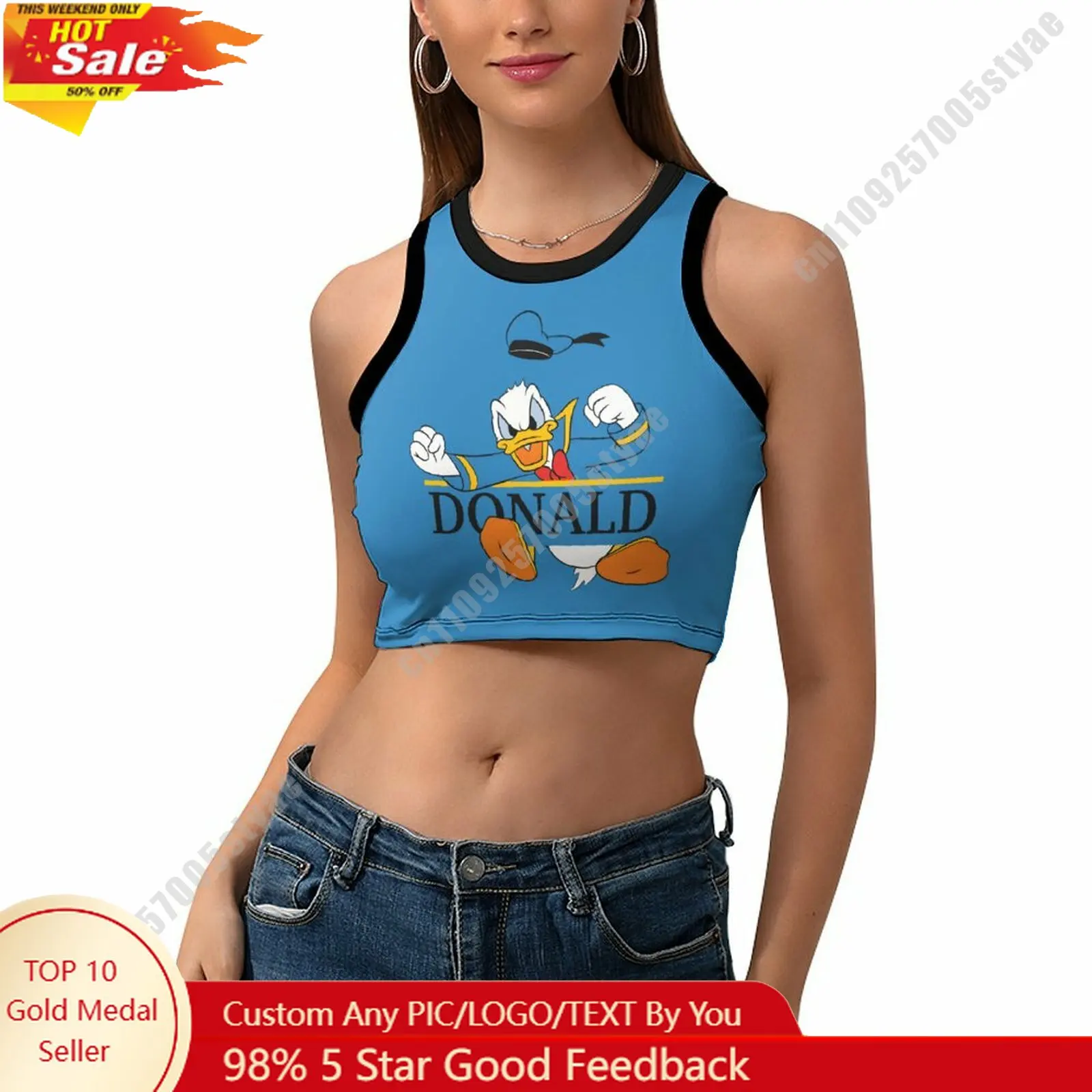 

Donald Duck Vest Disney Pattern Custom Photo Text Crop Tank Racerback Vest Personalized Graphic Sleeveless Crop Top
