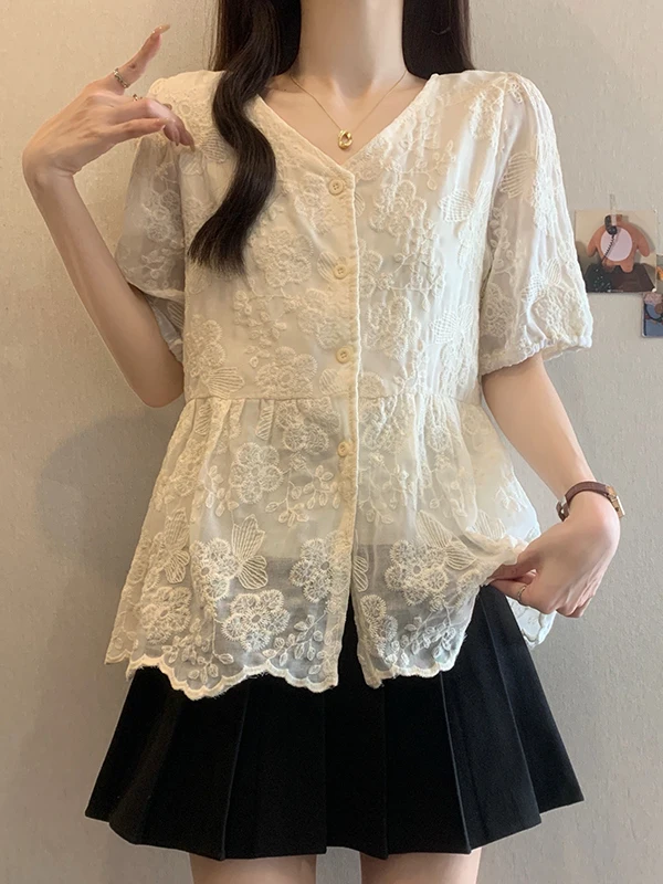 

Элегантная женская рубашка с V-образным вырезом и коротким рукавом, с вышивкой, в корейском стиле, больших размеров, приталенная, летняя, дышащая, из полиэстера