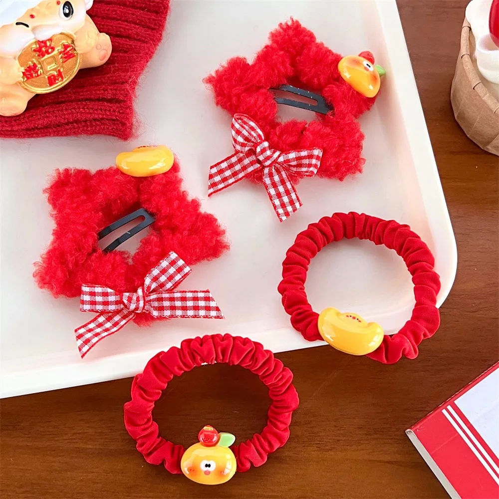 Red Color Plush Star Hair Clip Barrettes Korean Style New Year Hairpin Hair Side Clip Bow Hairpin Star Duckbill Clip Party