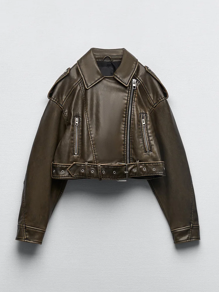 Ailegogo kobiety w stylu Vintage luźne Pu Faux skórzane krótkie kurtka z paskiem Streetwear kobieta zamek Retro Moto kurtka na rower odzież wierzchnia