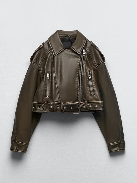 Ailegogo kobiety w stylu Vintage luźne Pu Faux skórzane krótkie kurtka z paskiem Streetwear kobieta zamek Retro Moto kurtka na rower odzież wierzchnia