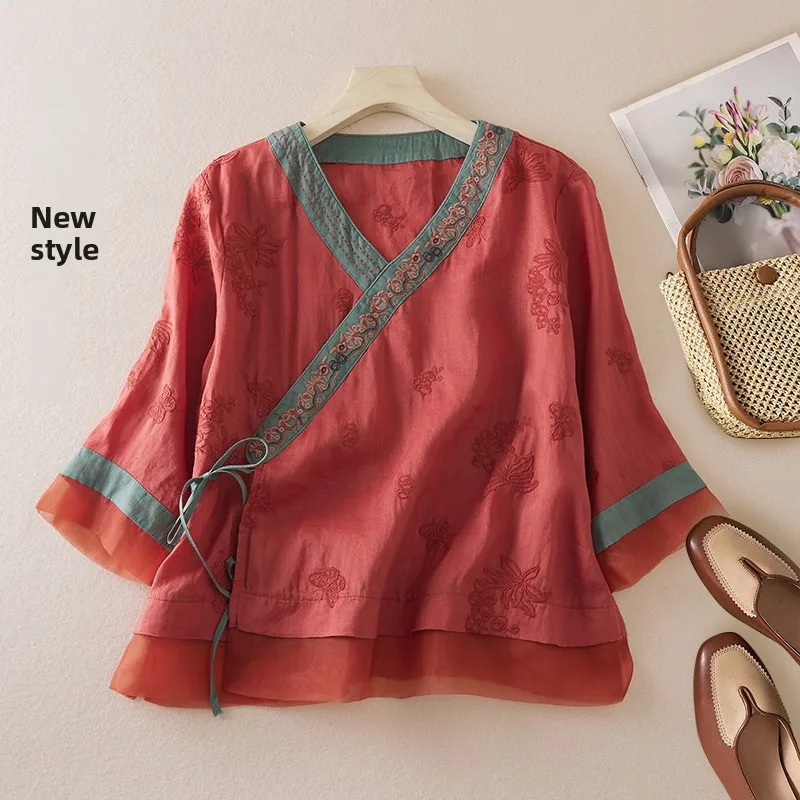 Retro Chinese Cotton Linen Embroidered irt Women Summer Ogeen Splicing Oblique Sve Tea Costume Top Straight Cut Regular ...