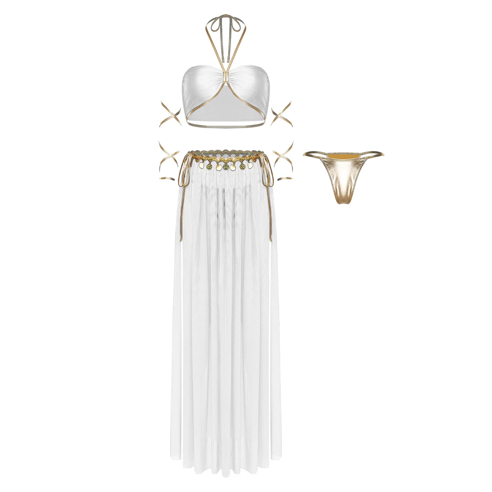 Women Ethnic Belly Dance Performance Costume Halter Crop Top with Side Slit Chiffon Skirt Oriental Indian Arabian Prince Outfits